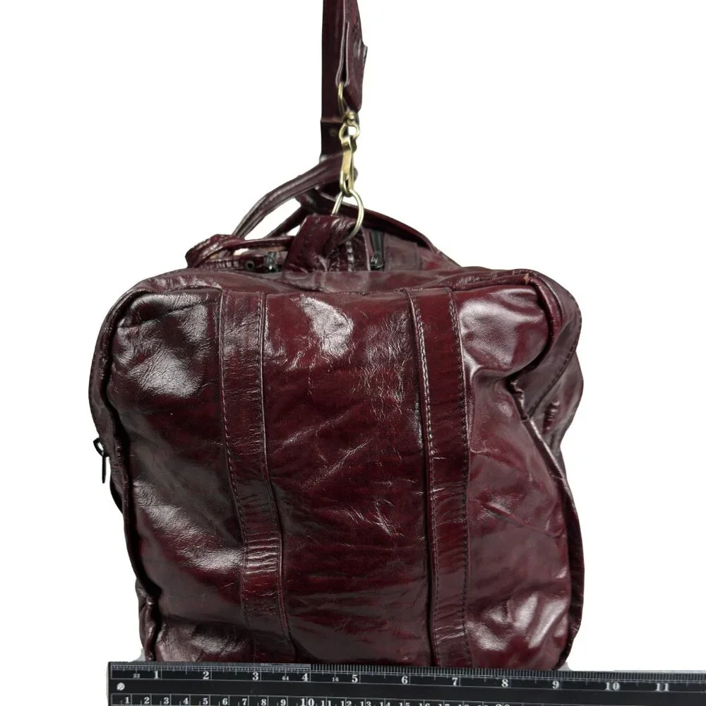 Vintage Patchwork Leather Duffel Bag Burgundy Weekend Travel Shoulder Strap